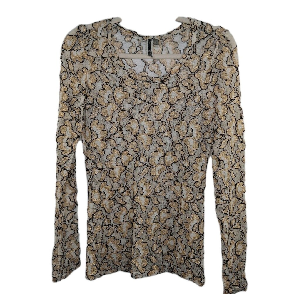 BKE Buckle Sheer Lace Embroidered Long Sleeve Top Crm Gold Blk Size M Glam